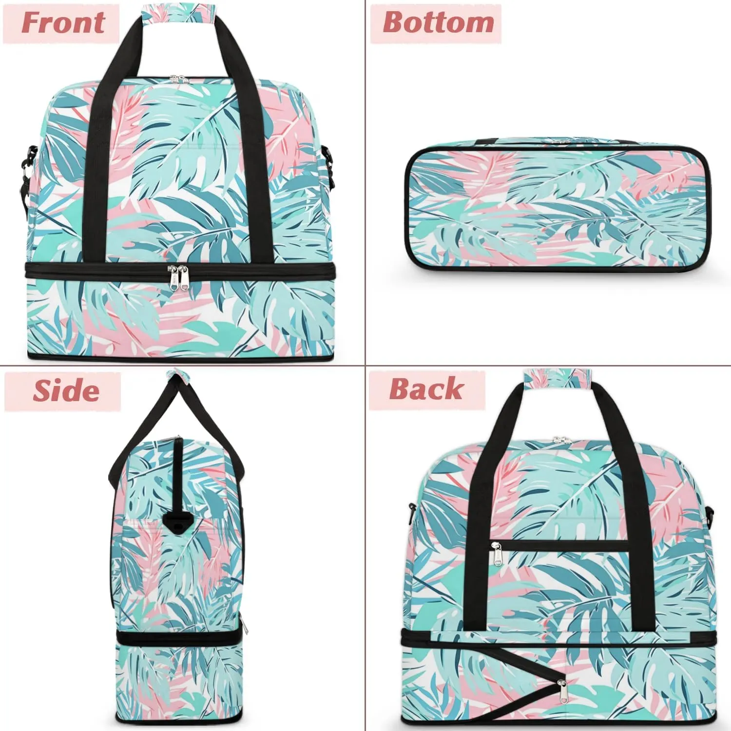 Sports Duffel Bag, Foldable Palm Leaf Travel Duffel Bag, Gym Yoga Beach Bag Weekender Overnight Bag with Shoes Compartment for Men Women, Leaves