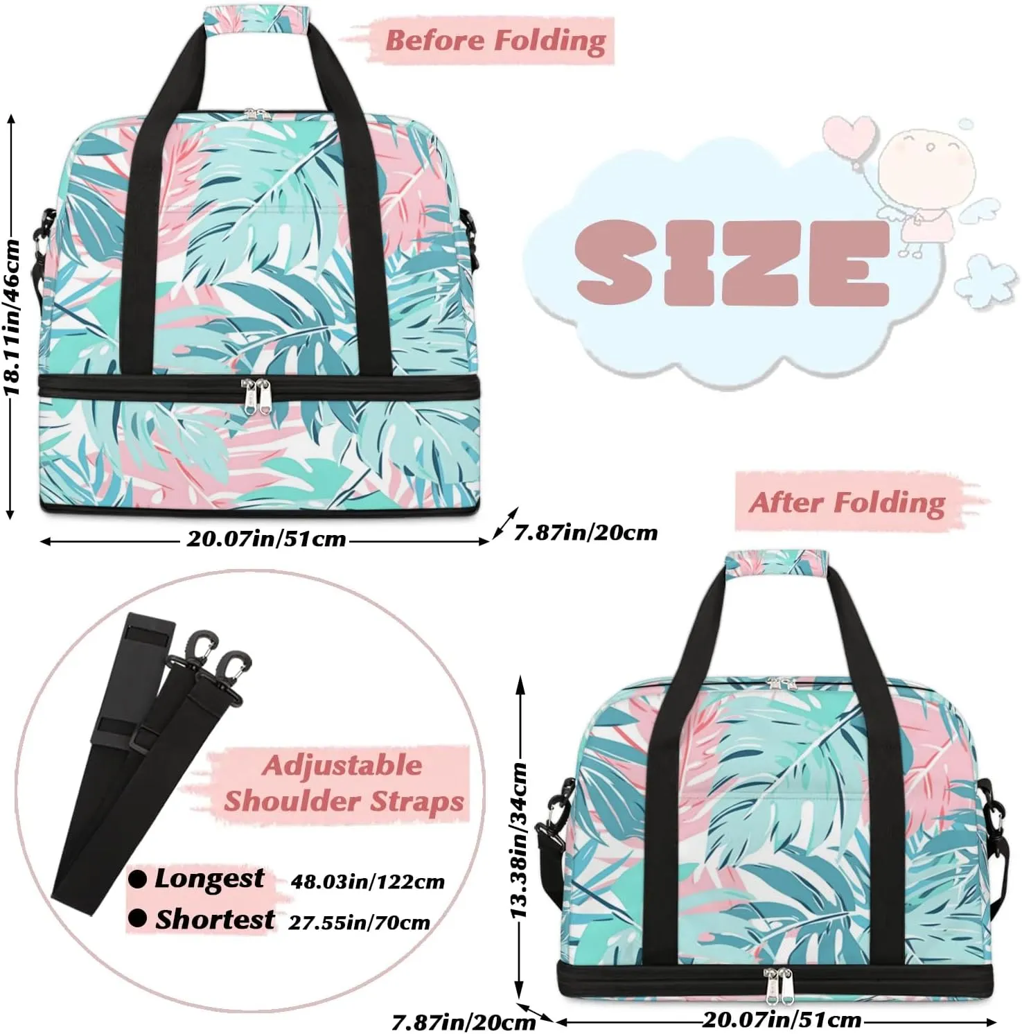 Sports Duffel Bag, Foldable Palm Leaf Travel Duffel Bag, Gym Yoga Beach Bag Weekender Overnight Bag with Shoes Compartment for Men Women, Leaves