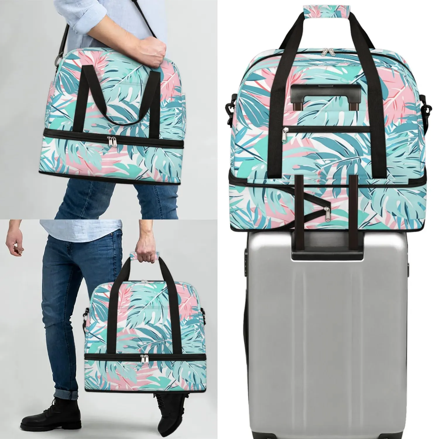 Sports Duffel Bag, Foldable Palm Leaf Travel Duffel Bag, Gym Yoga Beach Bag Weekender Overnight Bag with Shoes Compartment for Men Women, Leaves