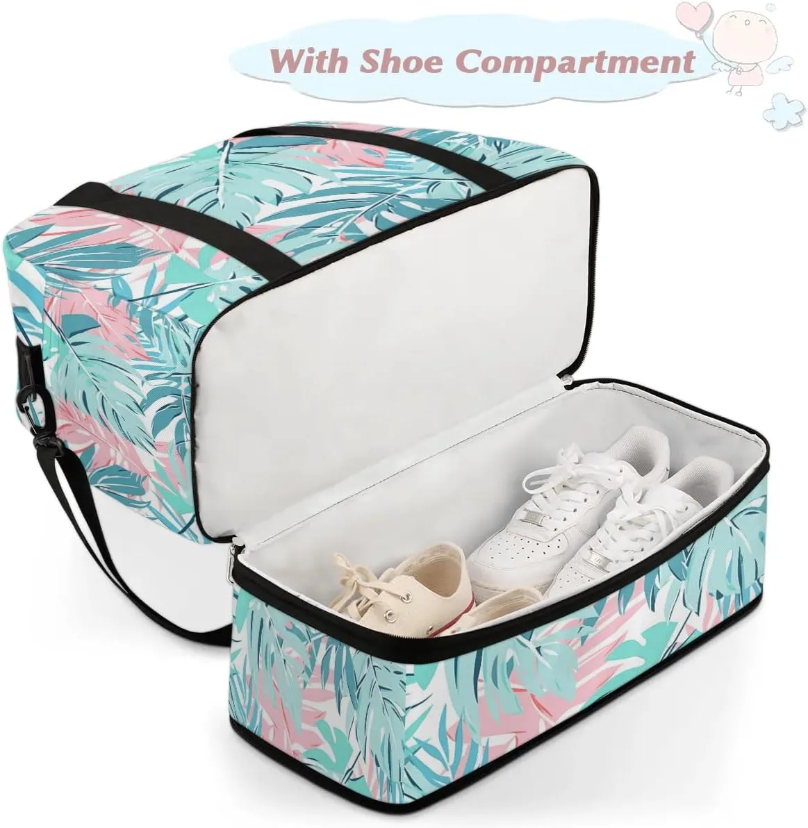 Sports Duffel Bag, Foldable Palm Leaf Travel Duffel Bag, Gym Yoga Beach Bag Weekender Overnight Bag with Shoes Compartment for Men Women, Leaves