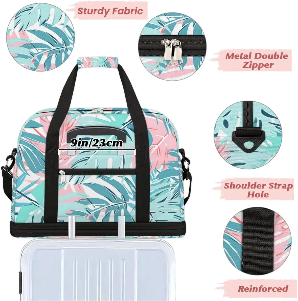 Sports Duffel Bag, Foldable Palm Leaf Travel Duffel Bag, Gym Yoga Beach Bag Weekender Overnight Bag with Shoes Compartment for Men Women, Leaves