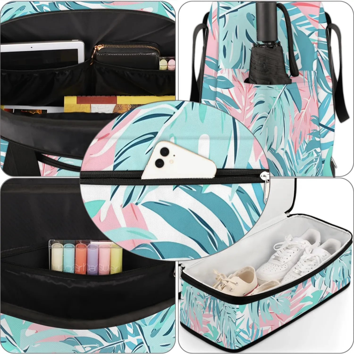 Sports Duffel Bag, Foldable Palm Leaf Travel Duffel Bag, Gym Yoga Beach Bag Weekender Overnight Bag with Shoes Compartment for Men Women, Leaves
