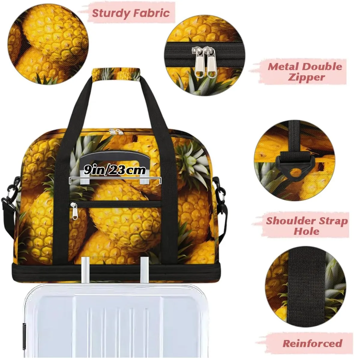 Sports Duffel Bag, Foldable Pineapple Travel Duffel Bag, Gym Yoga Beach Bag Weekender Overnight Bag with Shoes Compartment for Men Women, Tropical Summer Fruit