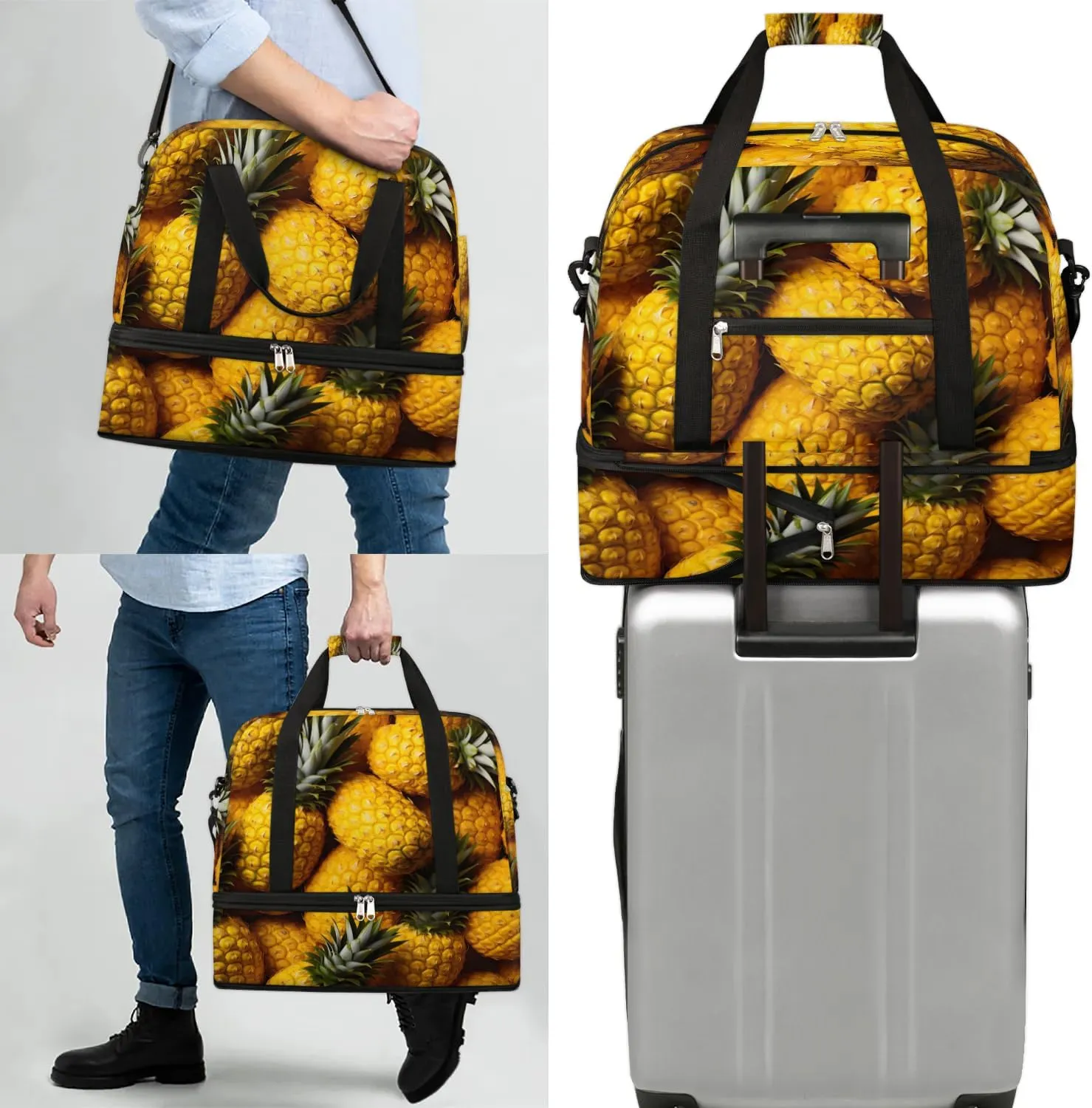 Sports Duffel Bag, Foldable Pineapple Travel Duffel Bag, Gym Yoga Beach Bag Weekender Overnight Bag with Shoes Compartment for Men Women, Tropical Summer Fruit
