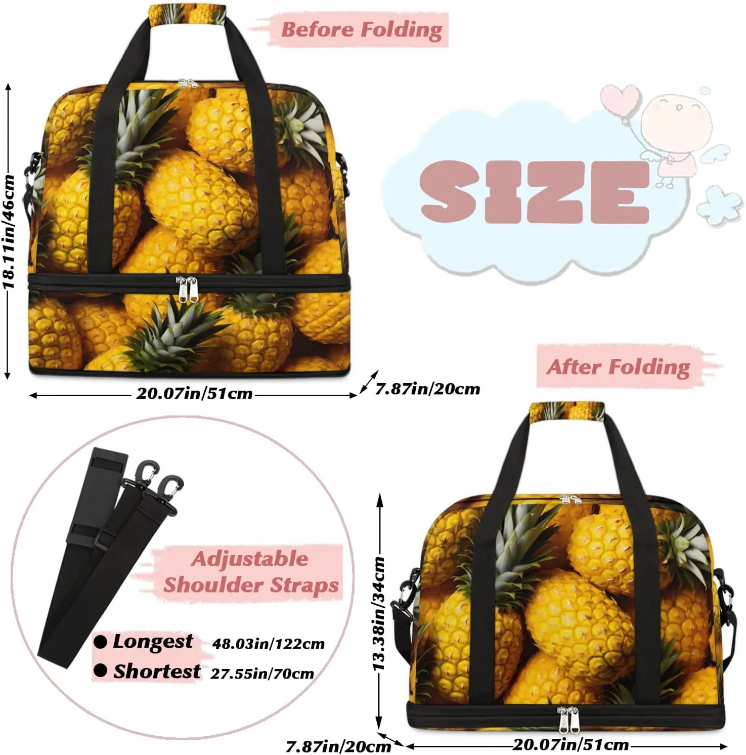 Sports Duffel Bag, Foldable Pineapple Travel Duffel Bag, Gym Yoga Beach Bag Weekender Overnight Bag with Shoes Compartment for Men Women, Tropical Summer Fruit