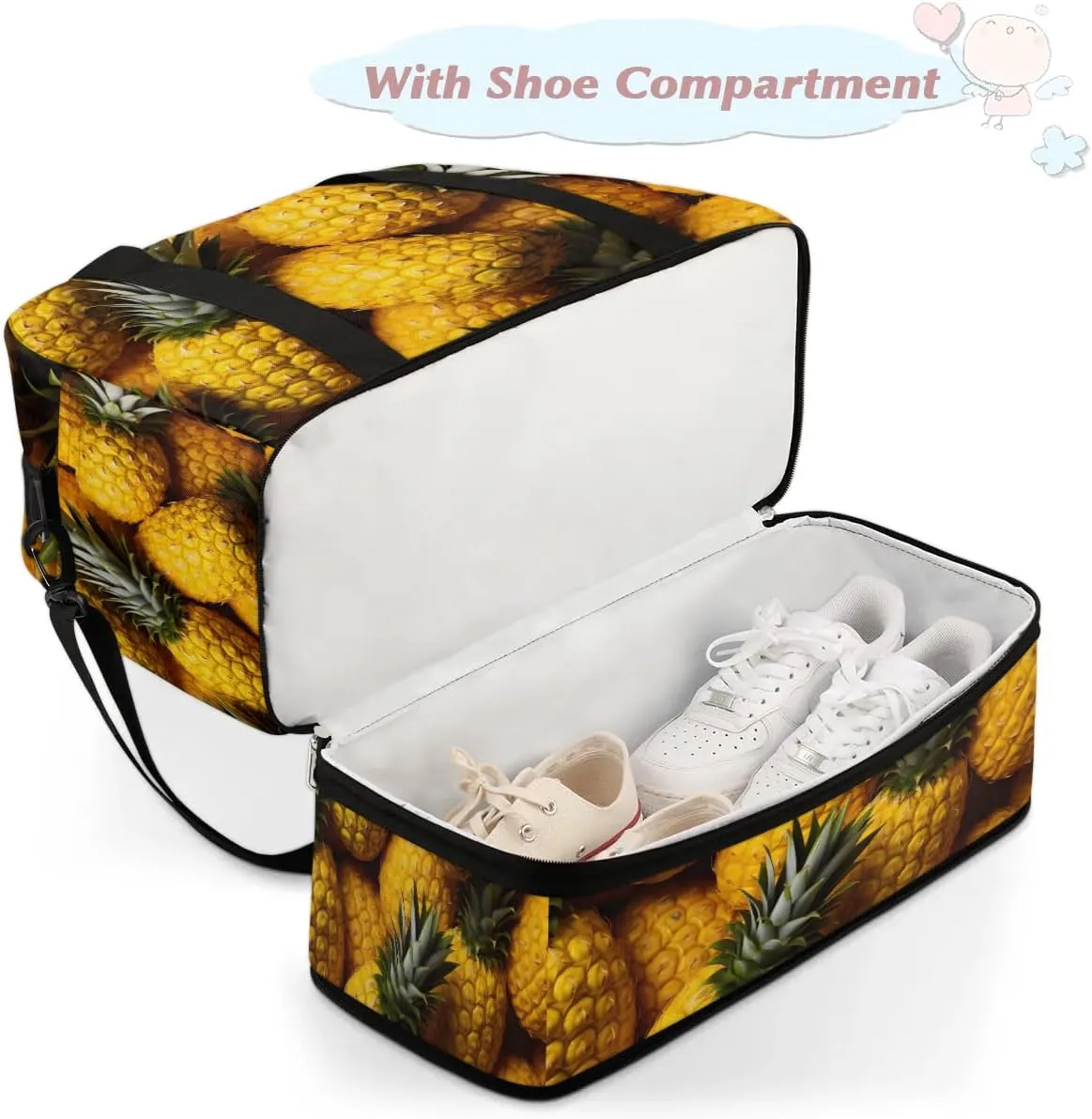 Sports Duffel Bag, Foldable Pineapple Travel Duffel Bag, Gym Yoga Beach Bag Weekender Overnight Bag with Shoes Compartment for Men Women, Tropical Summer Fruit