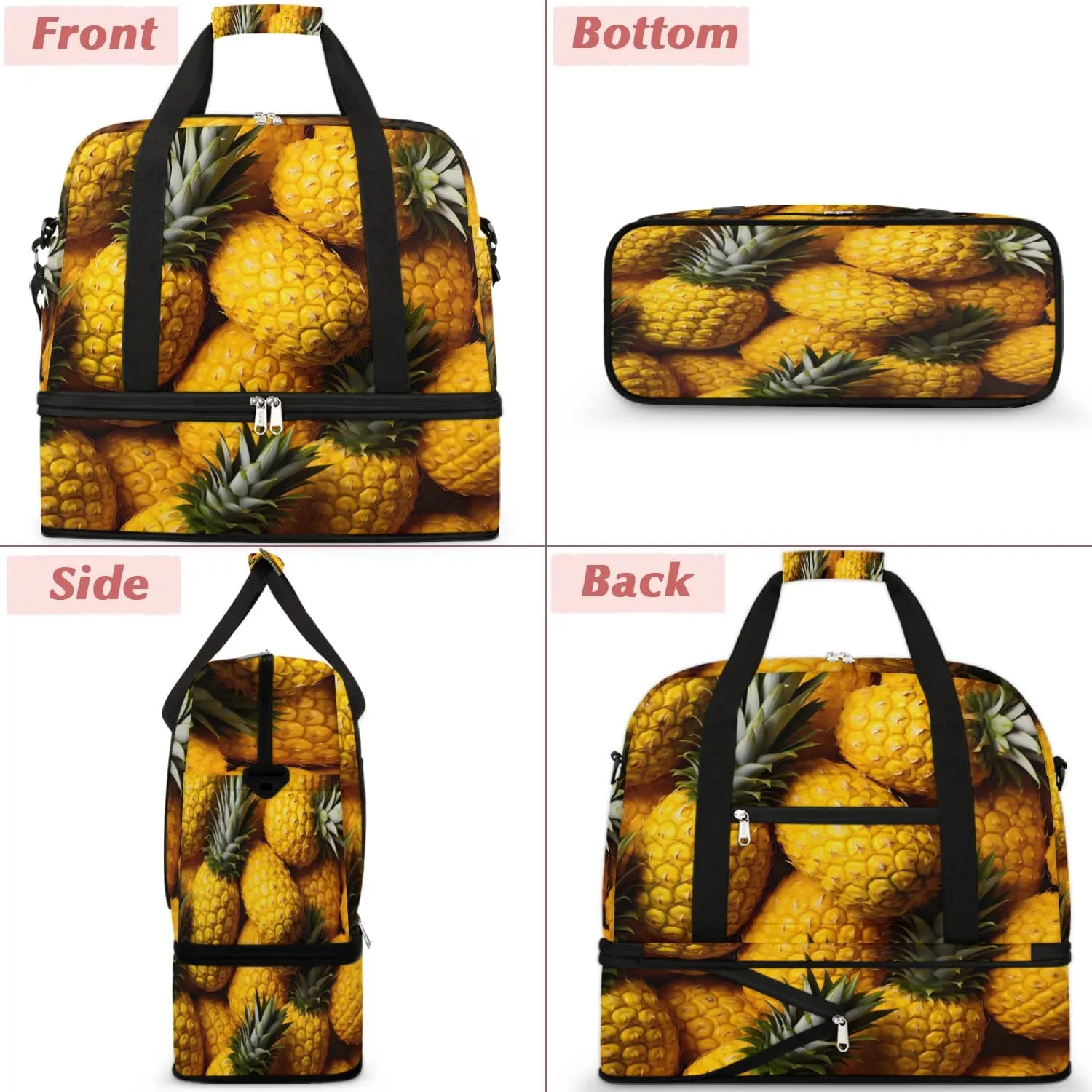 Sports Duffel Bag, Foldable Pineapple Travel Duffel Bag, Gym Yoga Beach Bag Weekender Overnight Bag with Shoes Compartment for Men Women, Tropical Summer Fruit