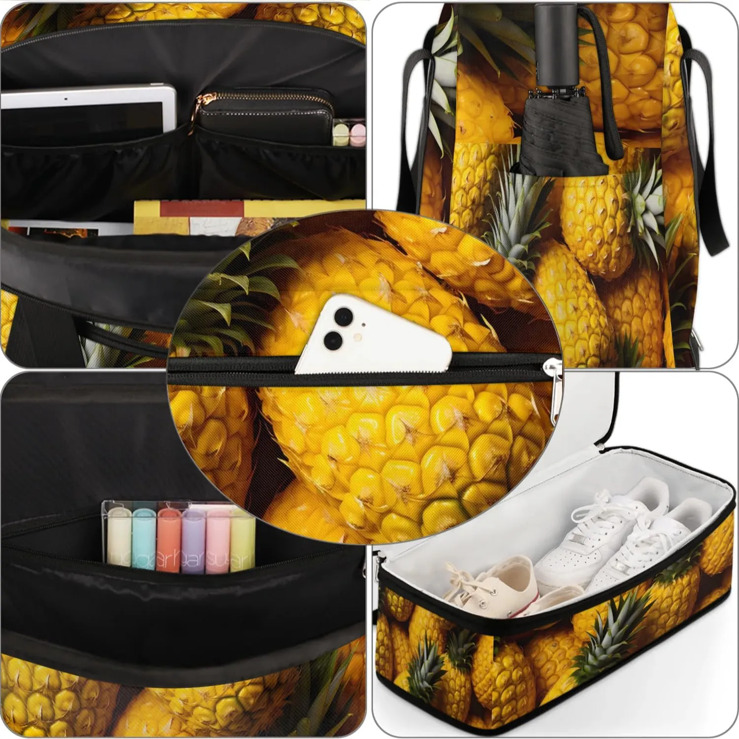 Sports Duffel Bag, Foldable Pineapple Travel Duffel Bag, Gym Yoga Beach Bag Weekender Overnight Bag with Shoes Compartment for Men Women, Tropical Summer Fruit