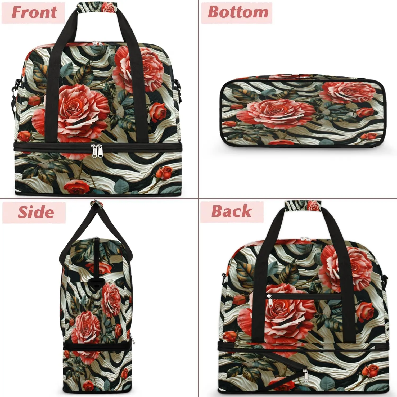Sports Duffel Bag, Foldable Rose Zebra Stripe Travel Duffel Bag, Gym Yoga Beach Bag Weekender Overnight Bag with Shoes Compartment for Men Women, Zebra Stripe