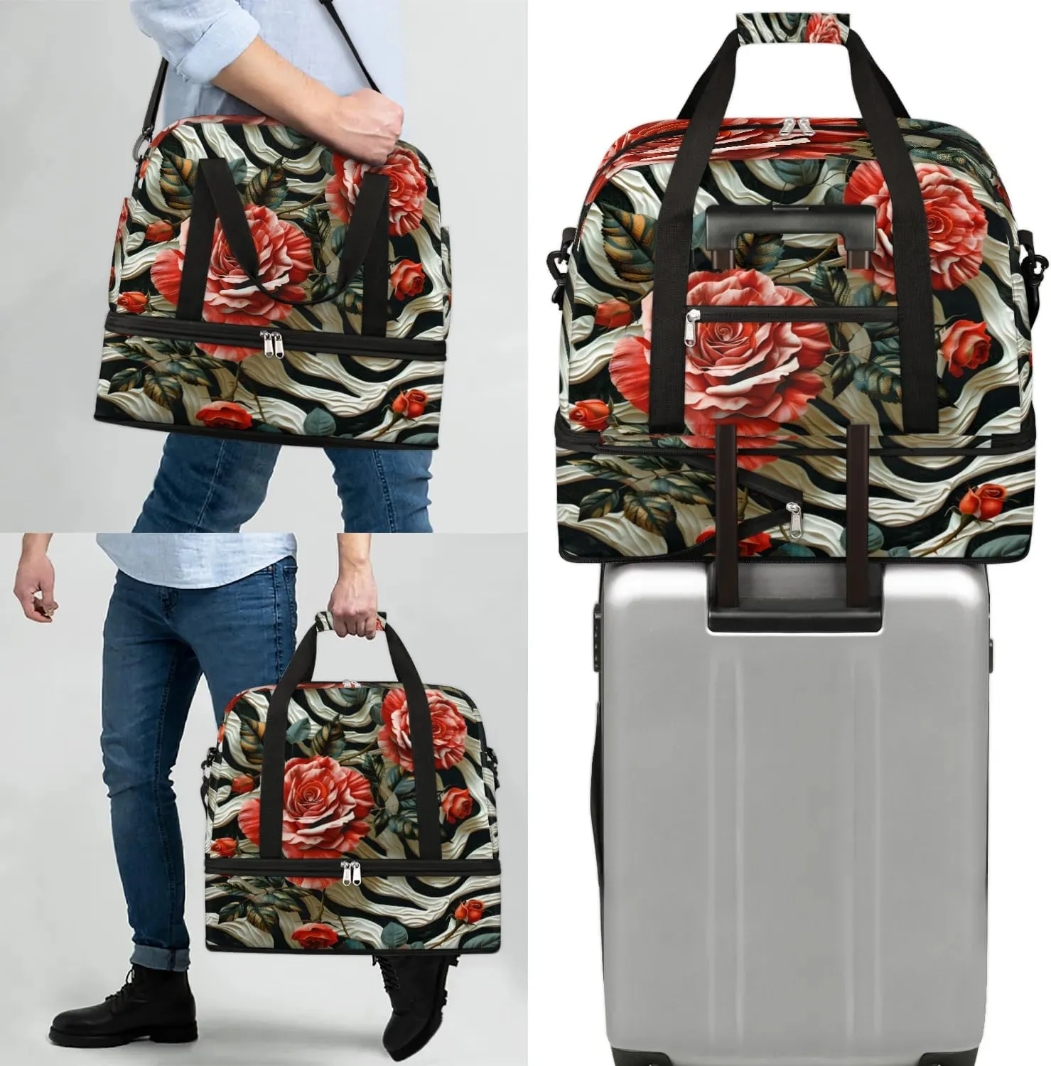 Sports Duffel Bag, Foldable Rose Zebra Stripe Travel Duffel Bag, Gym Yoga Beach Bag Weekender Overnight Bag with Shoes Compartment for Men Women, Zebra Stripe