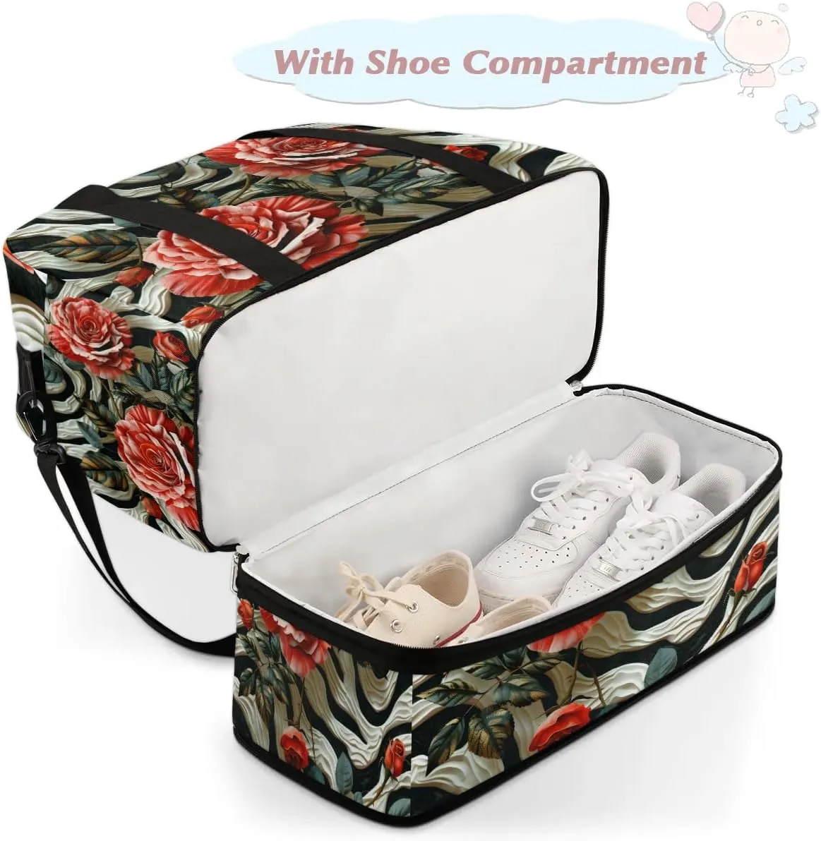 Sports Duffel Bag, Foldable Rose Zebra Stripe Travel Duffel Bag, Gym Yoga Beach Bag Weekender Overnight Bag with Shoes Compartment for Men Women, Zebra Stripe