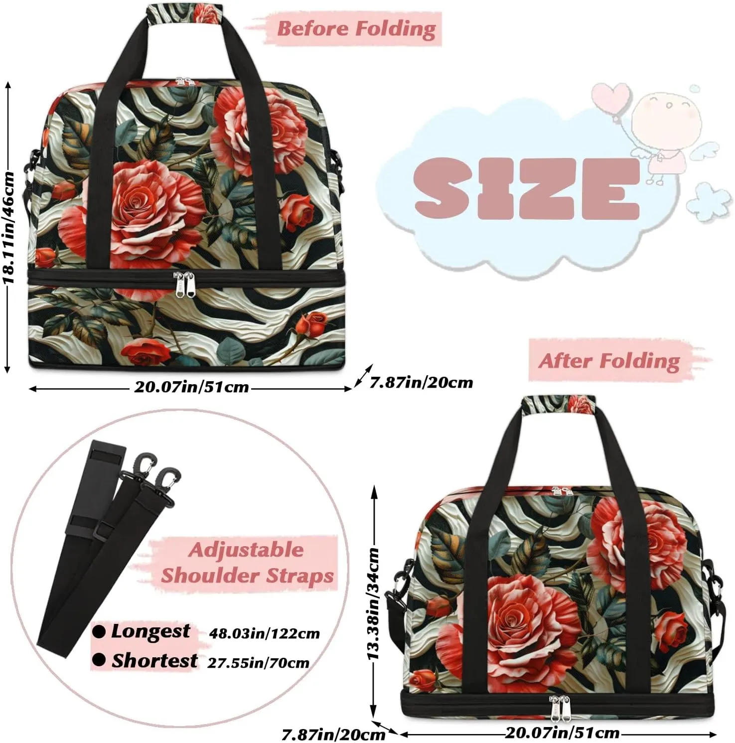 Sports Duffel Bag, Foldable Rose Zebra Stripe Travel Duffel Bag, Gym Yoga Beach Bag Weekender Overnight Bag with Shoes Compartment for Men Women, Zebra Stripe