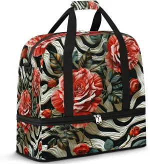 Sports Duffel Bag, Foldable Rose Zebra Stripe Travel Duffel Bag, Gym Yoga Beach Bag Weekender Overnight Bag with Shoes Compartment for Men Women, Zebra Stripe
