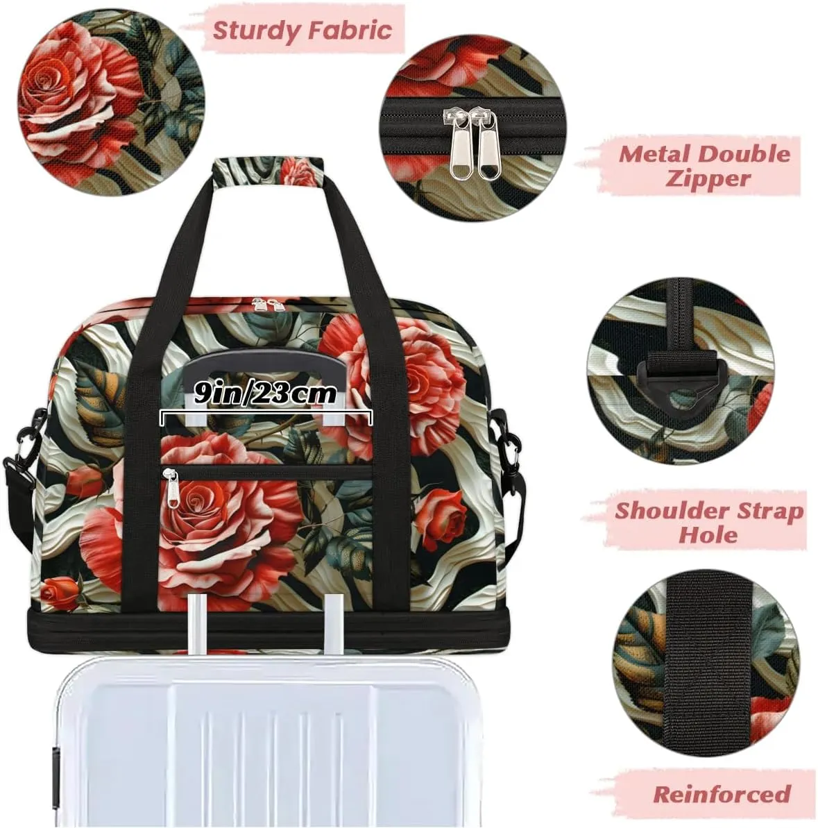 Sports Duffel Bag, Foldable Rose Zebra Stripe Travel Duffel Bag, Gym Yoga Beach Bag Weekender Overnight Bag with Shoes Compartment for Men Women, Zebra Stripe