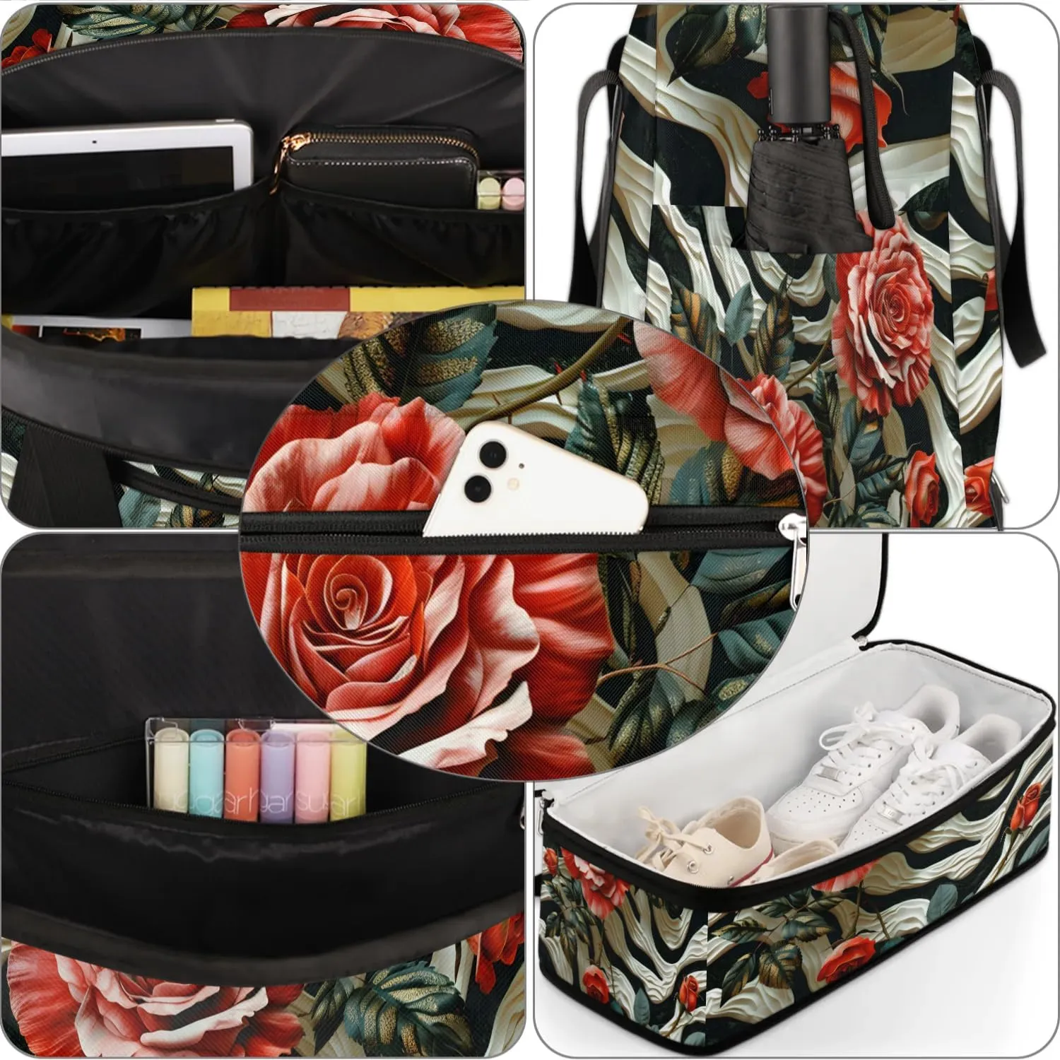 Sports Duffel Bag, Foldable Rose Zebra Stripe Travel Duffel Bag, Gym Yoga Beach Bag Weekender Overnight Bag with Shoes Compartment for Men Women, Zebra Stripe