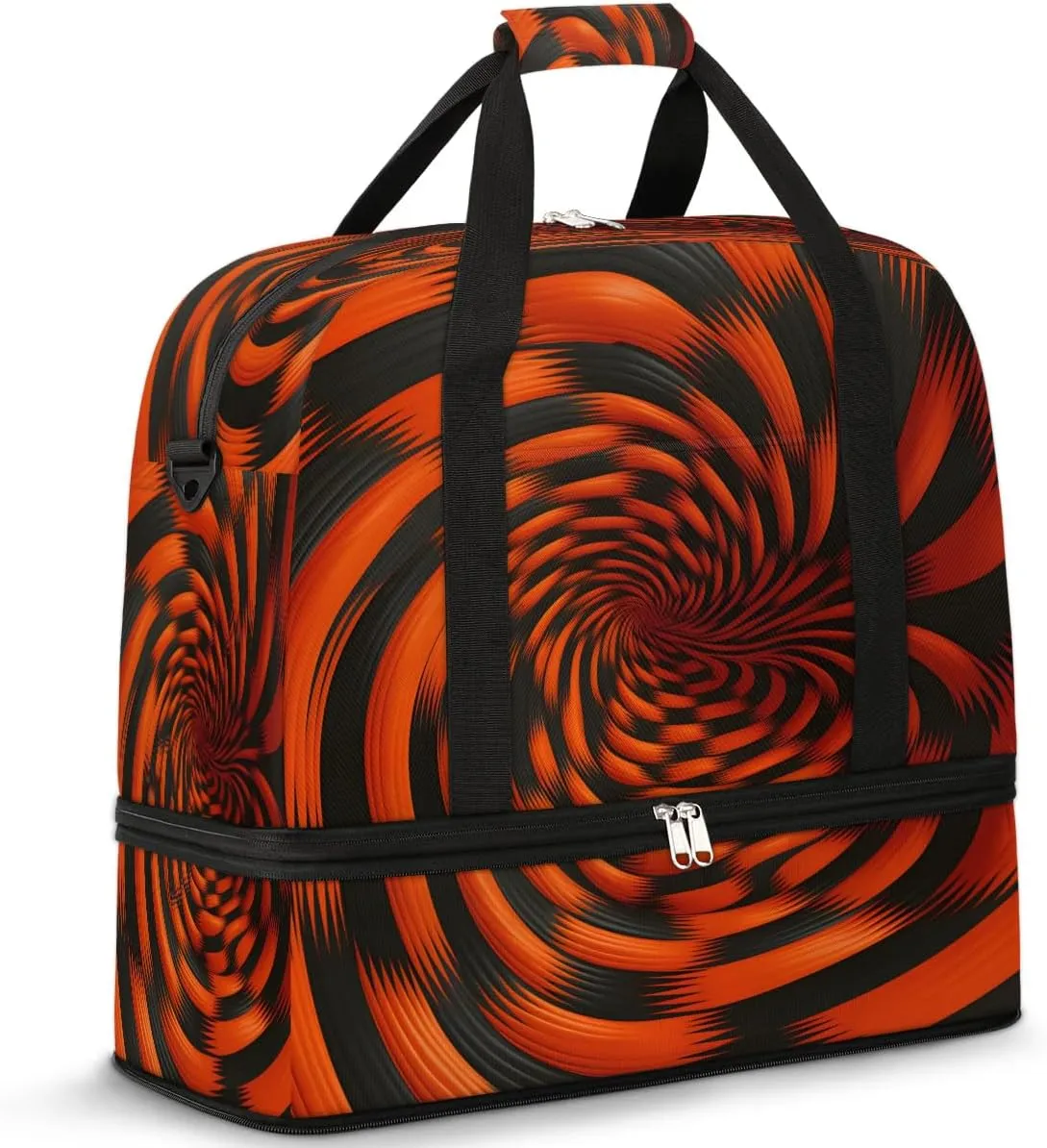 Sports Duffel Bag, Foldable Rotary Print Travel Duffel Bag, Gym Yoga Beach Bag Weekender Overnight Bag with Shoes Compartment for Men Women, Black Orange Pattern