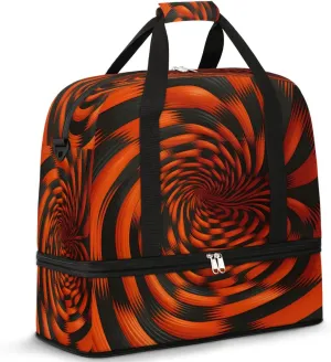 Sports Duffel Bag, Foldable Rotary Print Travel Duffel Bag, Gym Yoga Beach Bag Weekender Overnight Bag with Shoes Compartment for Men Women, Black Orange Pattern