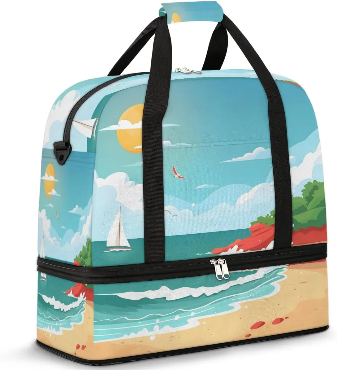 Sports Duffel Bag, Foldable Sandy Shore Travel Duffel Bag, Gym Yoga Beach Bag Weekender Overnight Bag with Shoes Compartment for Men Women, Boho Ocean