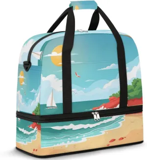 Sports Duffel Bag, Foldable Sandy Shore Travel Duffel Bag, Gym Yoga Beach Bag Weekender Overnight Bag with Shoes Compartment for Men Women, Boho Ocean