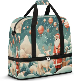 Sports Duffel Bag, Foldable Santa and Reindeer Travel Duffel Bag, Gym Yoga Beach Bag Weekender Overnight Bag with Shoes Compartment for Men Women, Christmas Santa Balloons