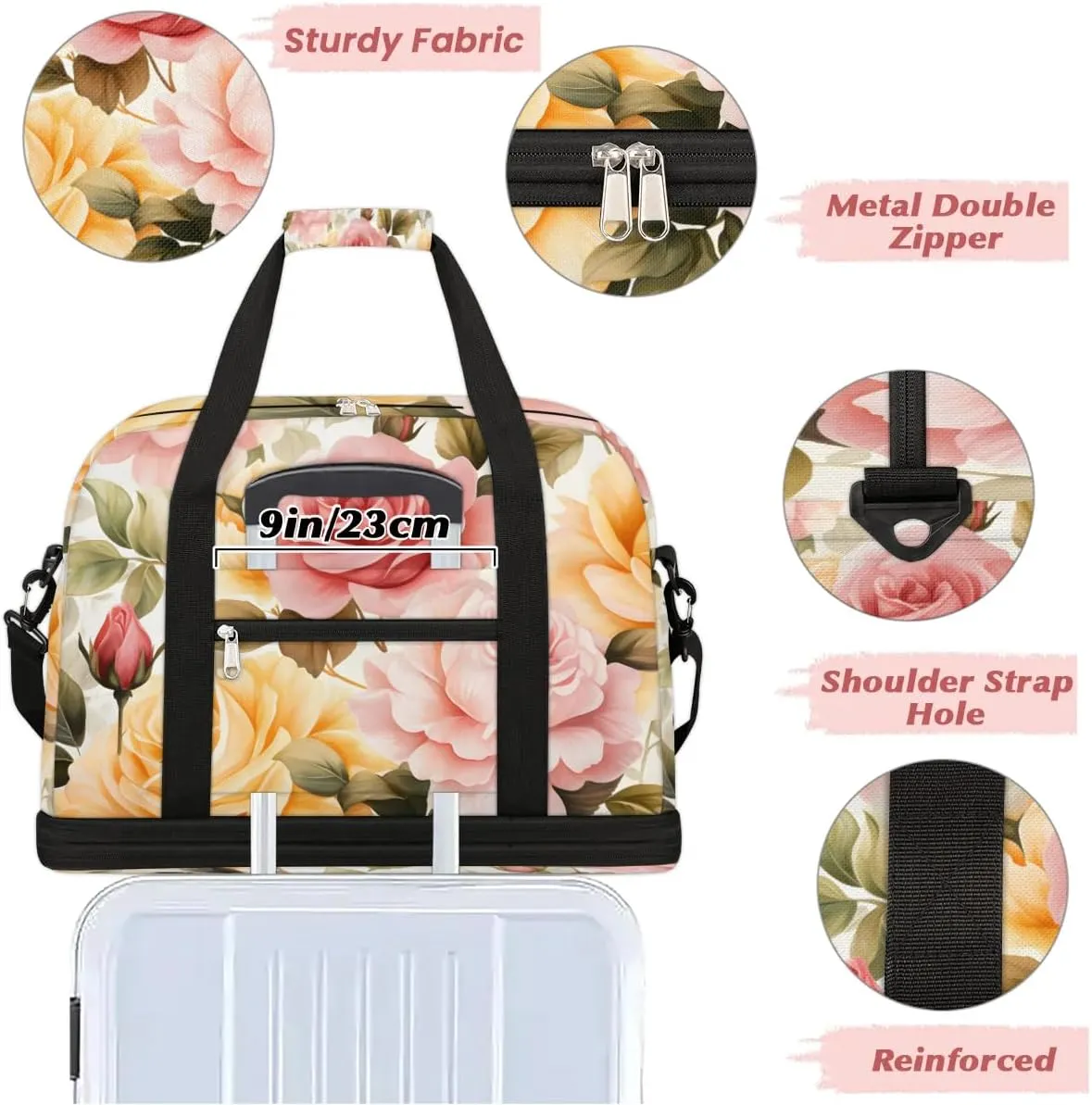 Sports Duffel Bag, Foldable Spring Rose Flowers Travel Duffel Bag, Gym Yoga Beach Bag Weekender Overnight Bag with Shoes Compartment for Men Women, Peony Rose Florals