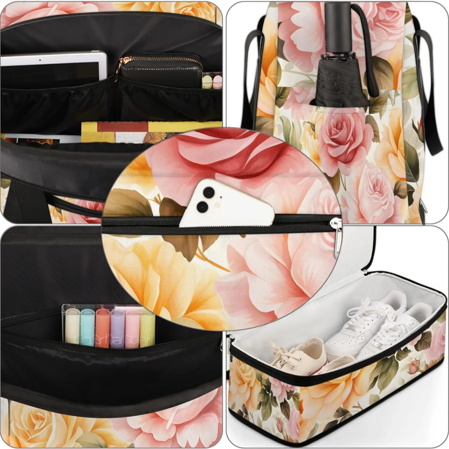 Sports Duffel Bag, Foldable Spring Rose Flowers Travel Duffel Bag, Gym Yoga Beach Bag Weekender Overnight Bag with Shoes Compartment for Men Women, Peony Rose Florals