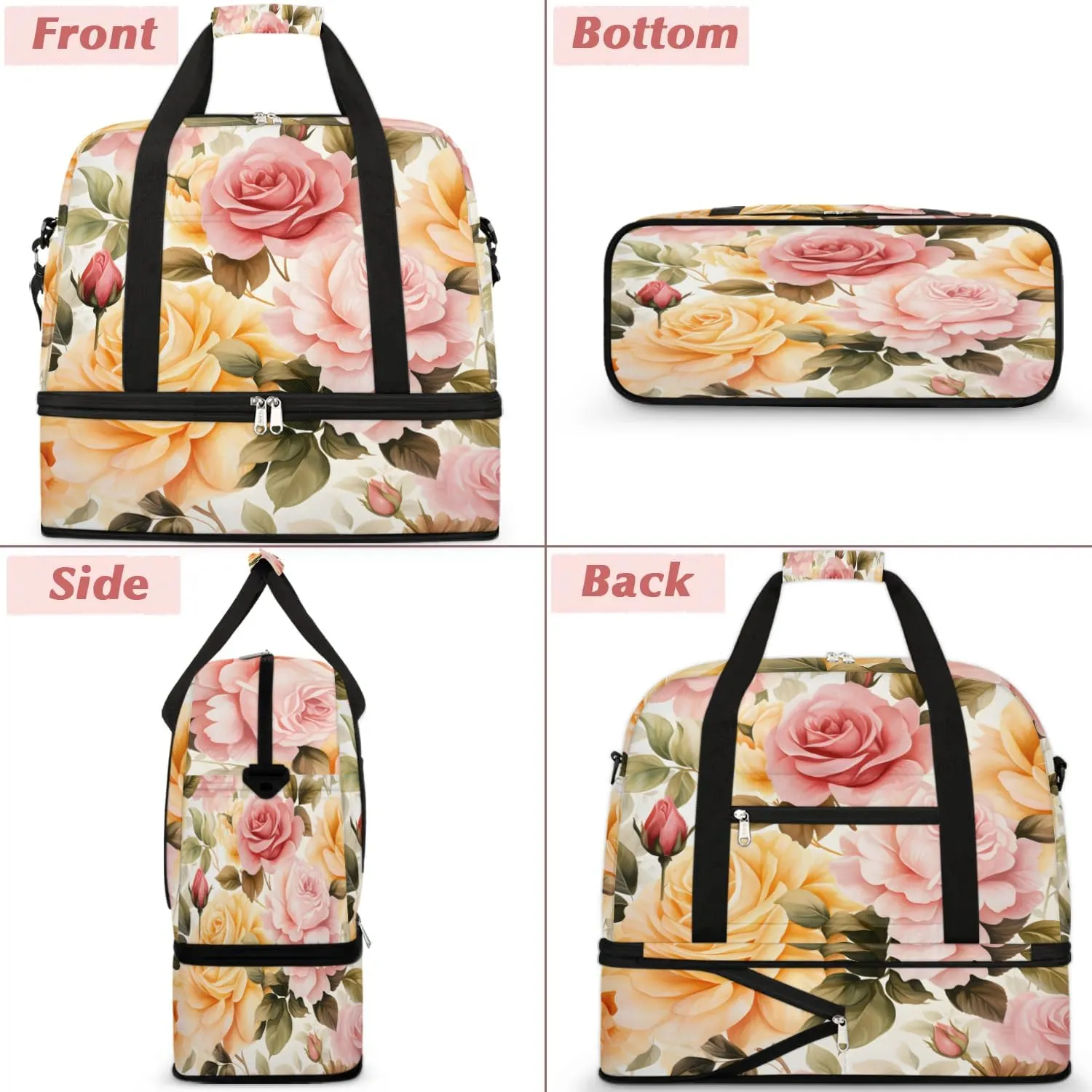 Sports Duffel Bag, Foldable Spring Rose Flowers Travel Duffel Bag, Gym Yoga Beach Bag Weekender Overnight Bag with Shoes Compartment for Men Women, Peony Rose Florals