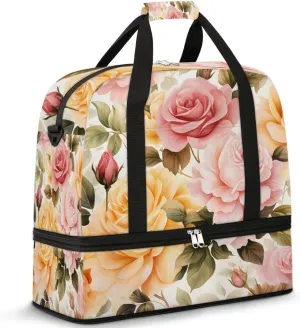 Sports Duffel Bag, Foldable Spring Rose Flowers Travel Duffel Bag, Gym Yoga Beach Bag Weekender Overnight Bag with Shoes Compartment for Men Women, Peony Rose Florals