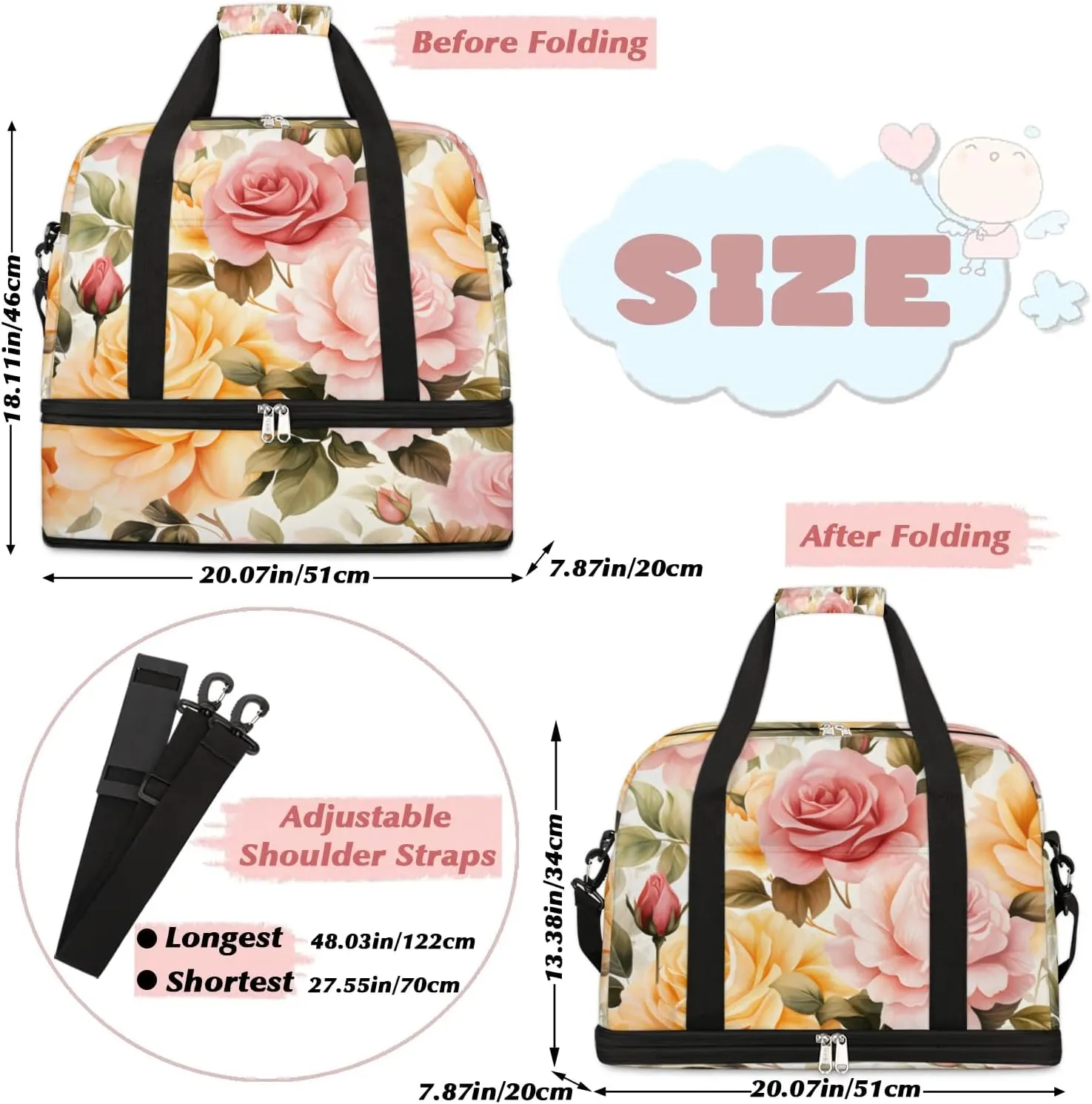 Sports Duffel Bag, Foldable Spring Rose Flowers Travel Duffel Bag, Gym Yoga Beach Bag Weekender Overnight Bag with Shoes Compartment for Men Women, Peony Rose Florals
