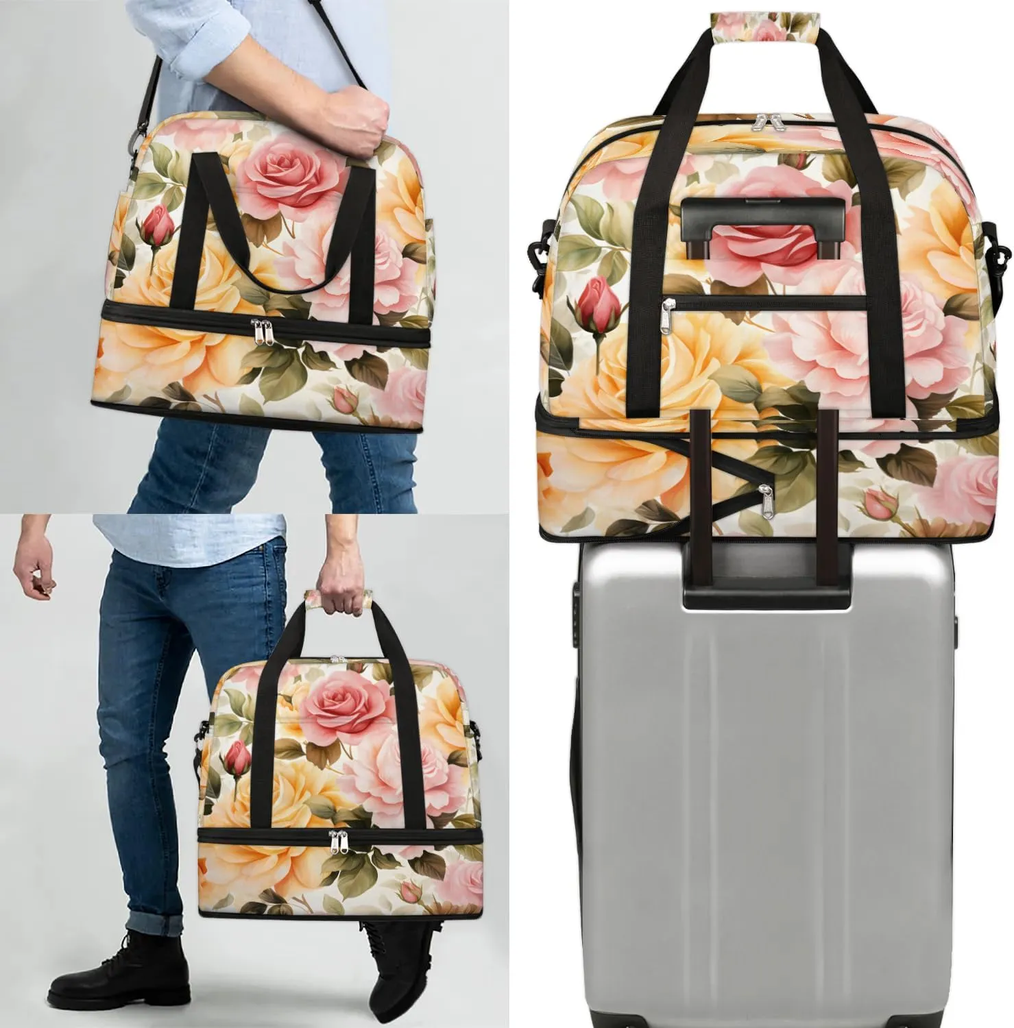 Sports Duffel Bag, Foldable Spring Rose Flowers Travel Duffel Bag, Gym Yoga Beach Bag Weekender Overnight Bag with Shoes Compartment for Men Women, Peony Rose Florals