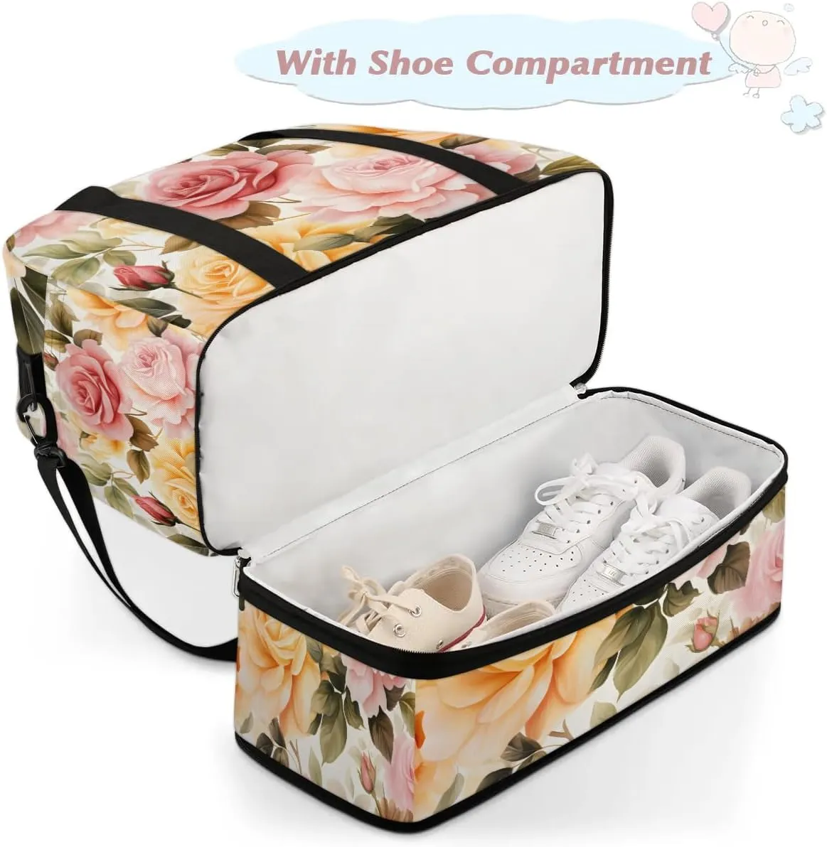 Sports Duffel Bag, Foldable Spring Rose Flowers Travel Duffel Bag, Gym Yoga Beach Bag Weekender Overnight Bag with Shoes Compartment for Men Women, Peony Rose Florals