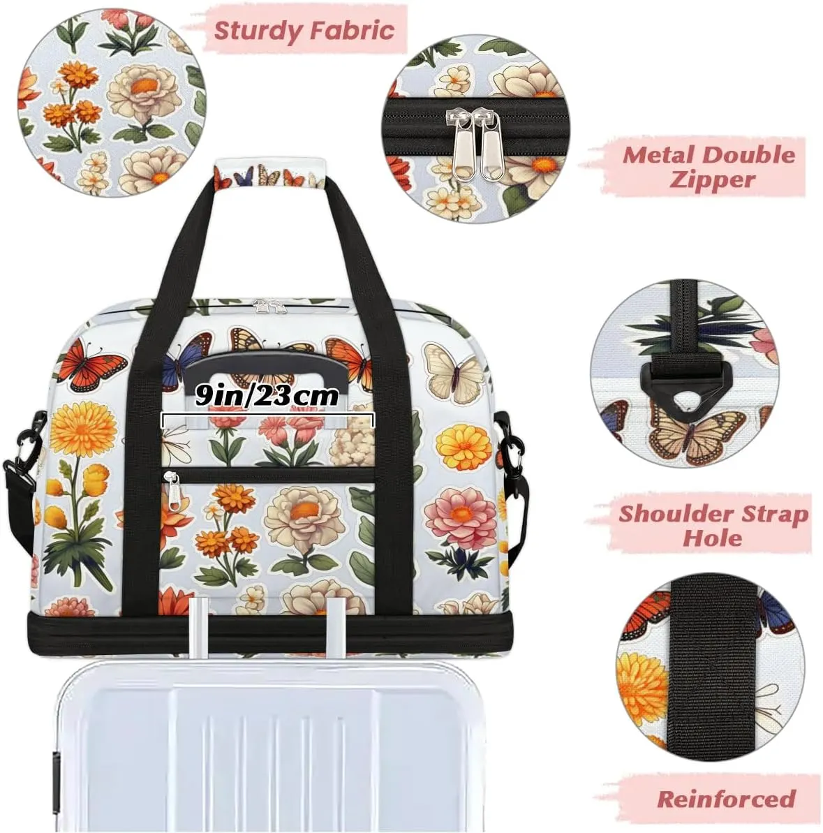 Sports Duffel Bag, Foldable Spring Summer Travel Duffel Bag, Gym Yoga Beach Bag Weekender Overnight Bag with Shoes Compartment for Men Women, Colorful Flowers Butterfly
