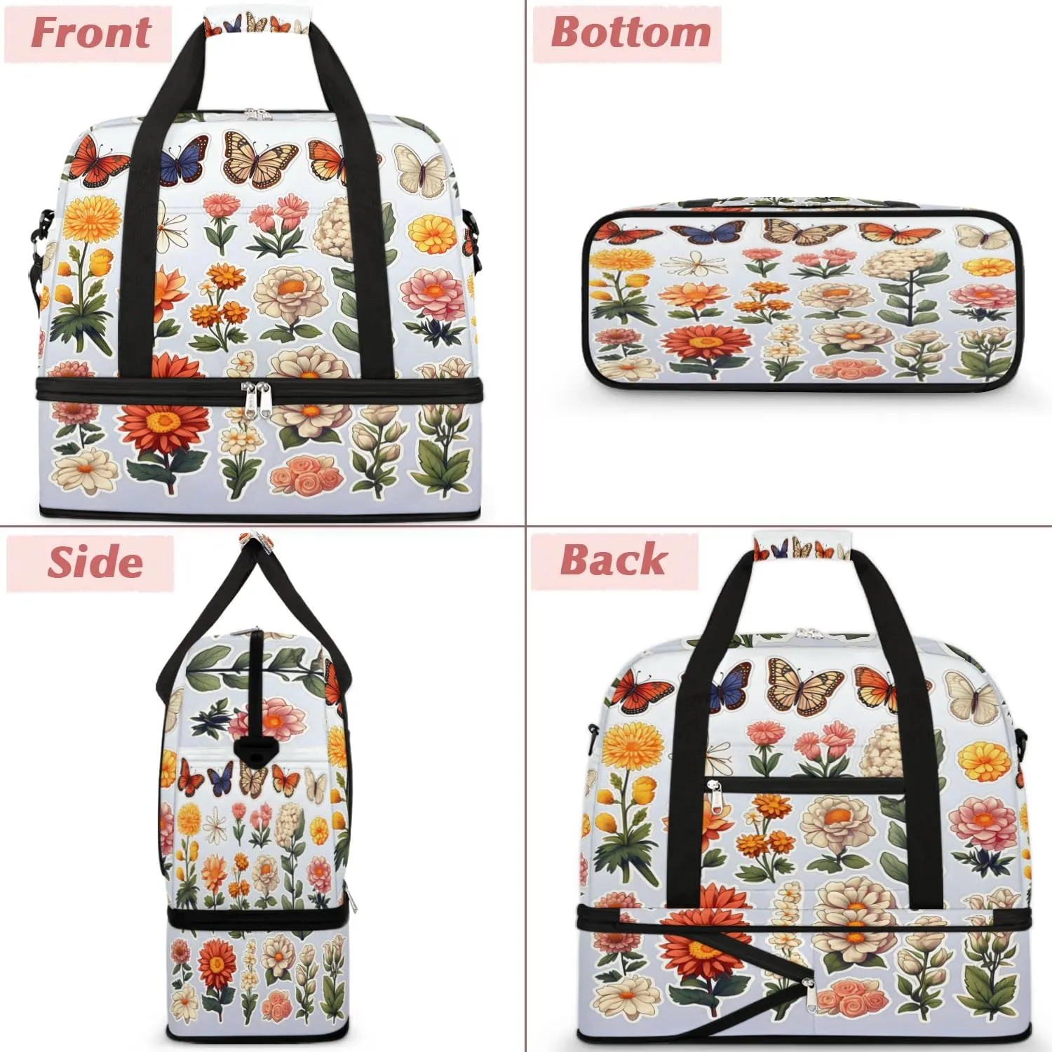 Sports Duffel Bag, Foldable Spring Summer Travel Duffel Bag, Gym Yoga Beach Bag Weekender Overnight Bag with Shoes Compartment for Men Women, Colorful Flowers Butterfly