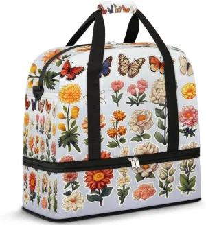 Sports Duffel Bag, Foldable Spring Summer Travel Duffel Bag, Gym Yoga Beach Bag Weekender Overnight Bag with Shoes Compartment for Men Women, Colorful Flowers Butterfly