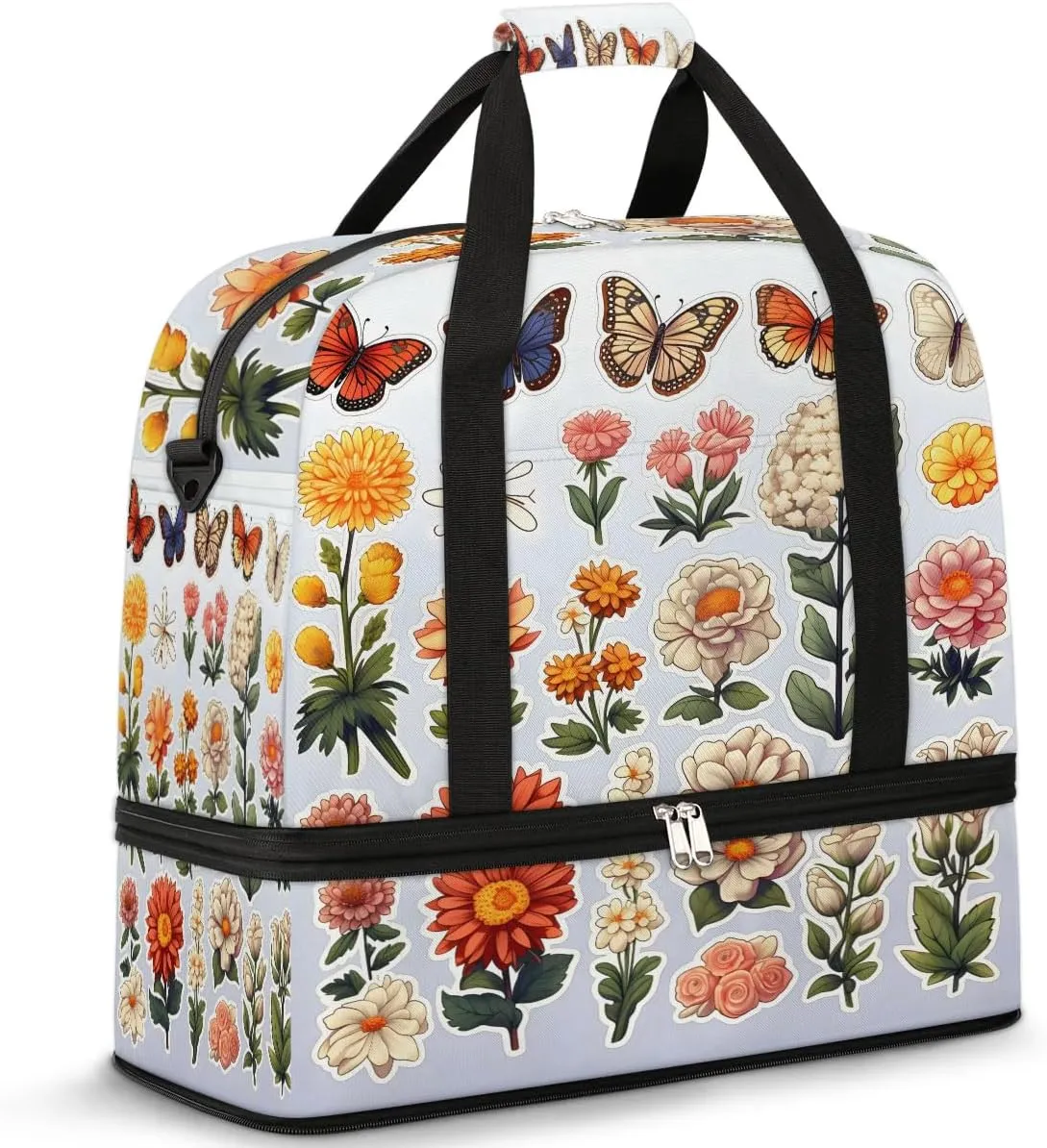Sports Duffel Bag, Foldable Spring Summer Travel Duffel Bag, Gym Yoga Beach Bag Weekender Overnight Bag with Shoes Compartment for Men Women, Colorful Flowers Butterfly