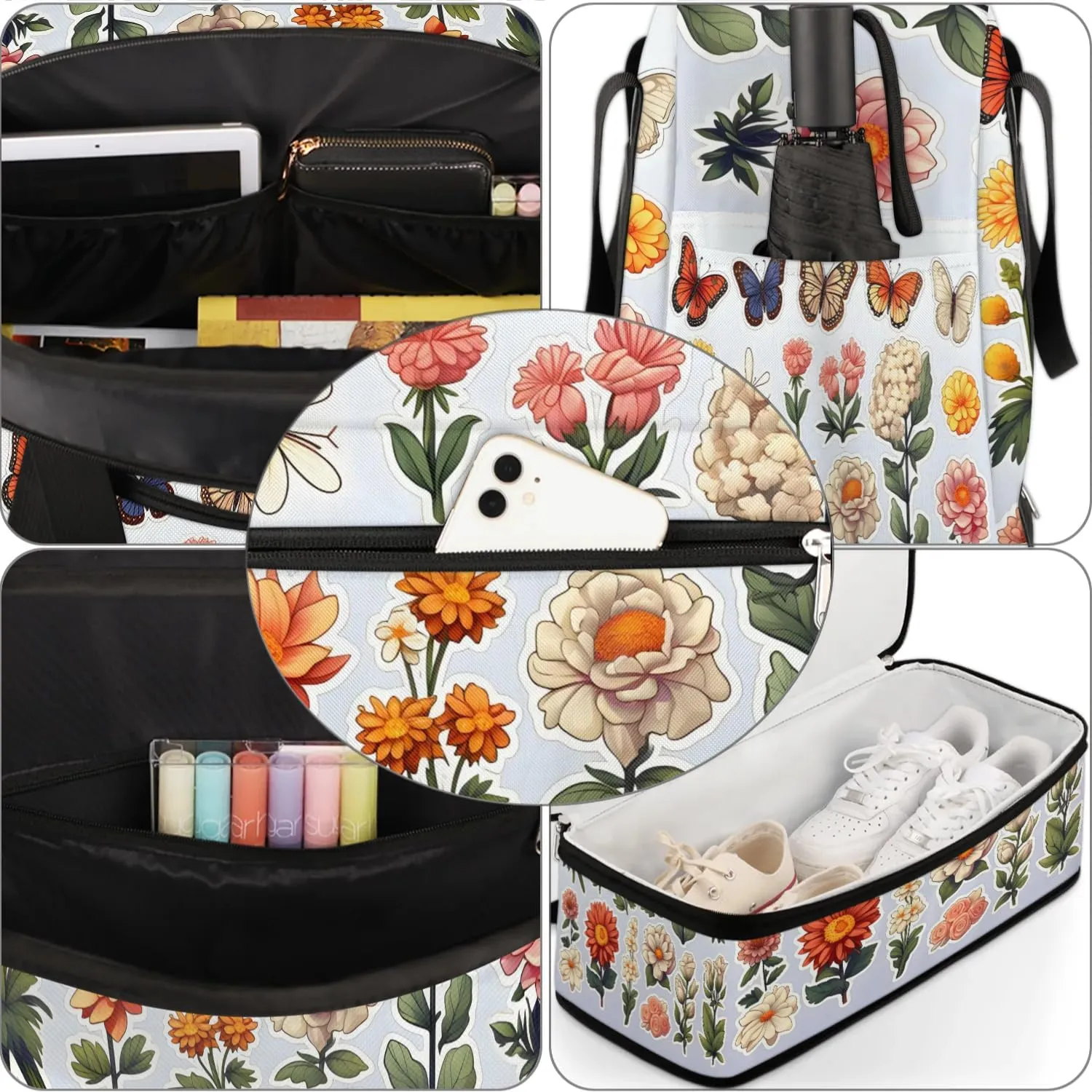 Sports Duffel Bag, Foldable Spring Summer Travel Duffel Bag, Gym Yoga Beach Bag Weekender Overnight Bag with Shoes Compartment for Men Women, Colorful Flowers Butterfly