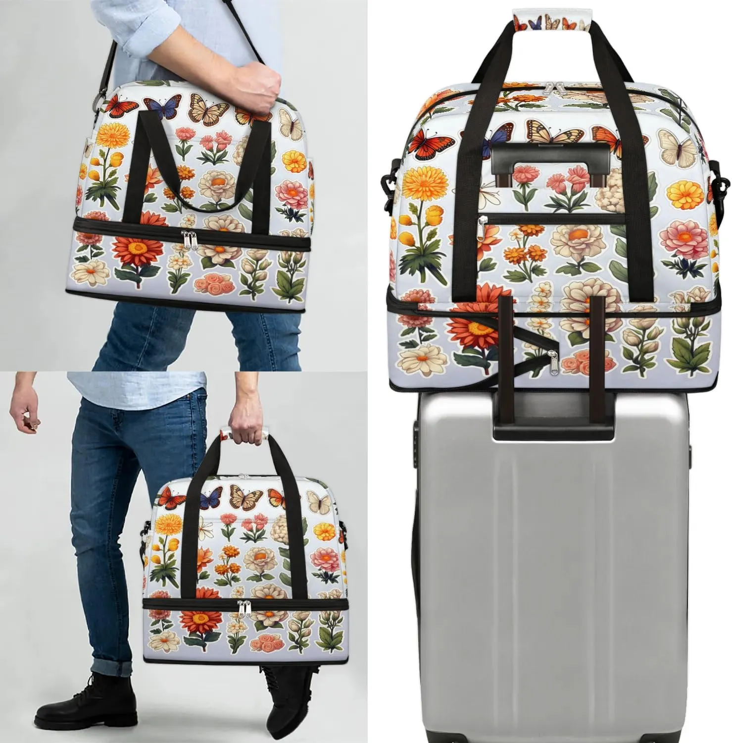 Sports Duffel Bag, Foldable Spring Summer Travel Duffel Bag, Gym Yoga Beach Bag Weekender Overnight Bag with Shoes Compartment for Men Women, Colorful Flowers Butterfly