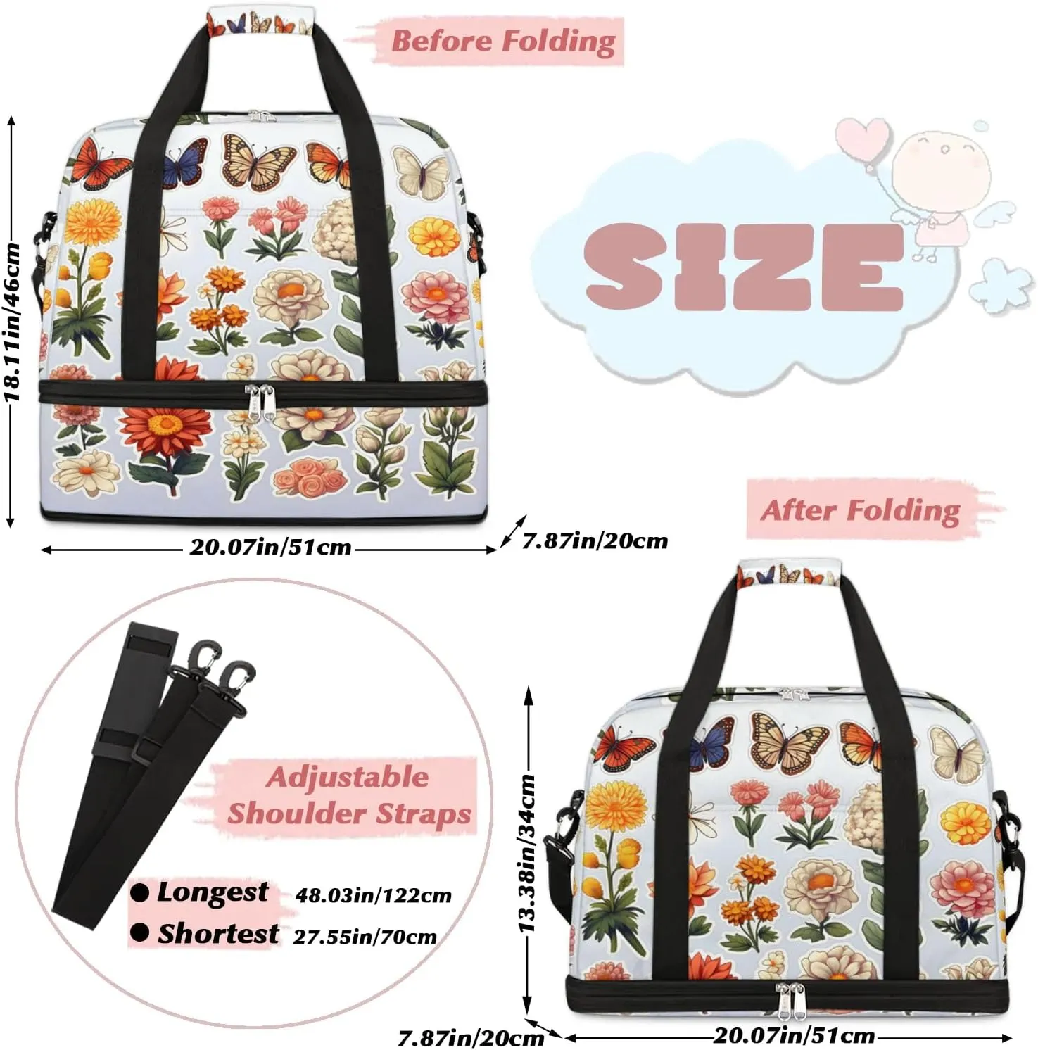 Sports Duffel Bag, Foldable Spring Summer Travel Duffel Bag, Gym Yoga Beach Bag Weekender Overnight Bag with Shoes Compartment for Men Women, Colorful Flowers Butterfly