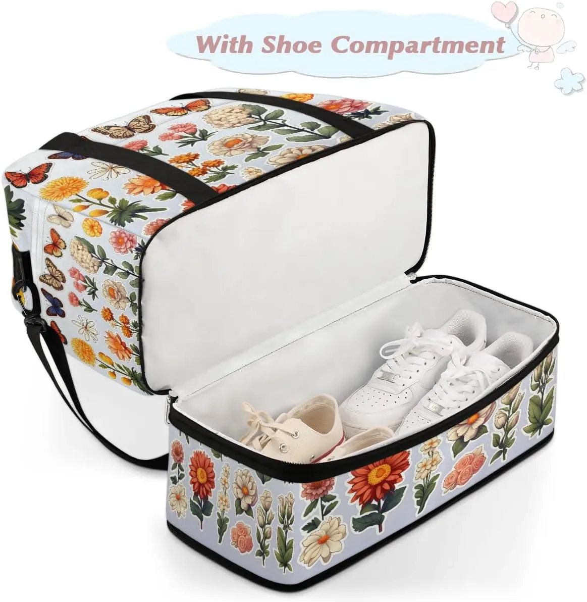 Sports Duffel Bag, Foldable Spring Summer Travel Duffel Bag, Gym Yoga Beach Bag Weekender Overnight Bag with Shoes Compartment for Men Women, Colorful Flowers Butterfly