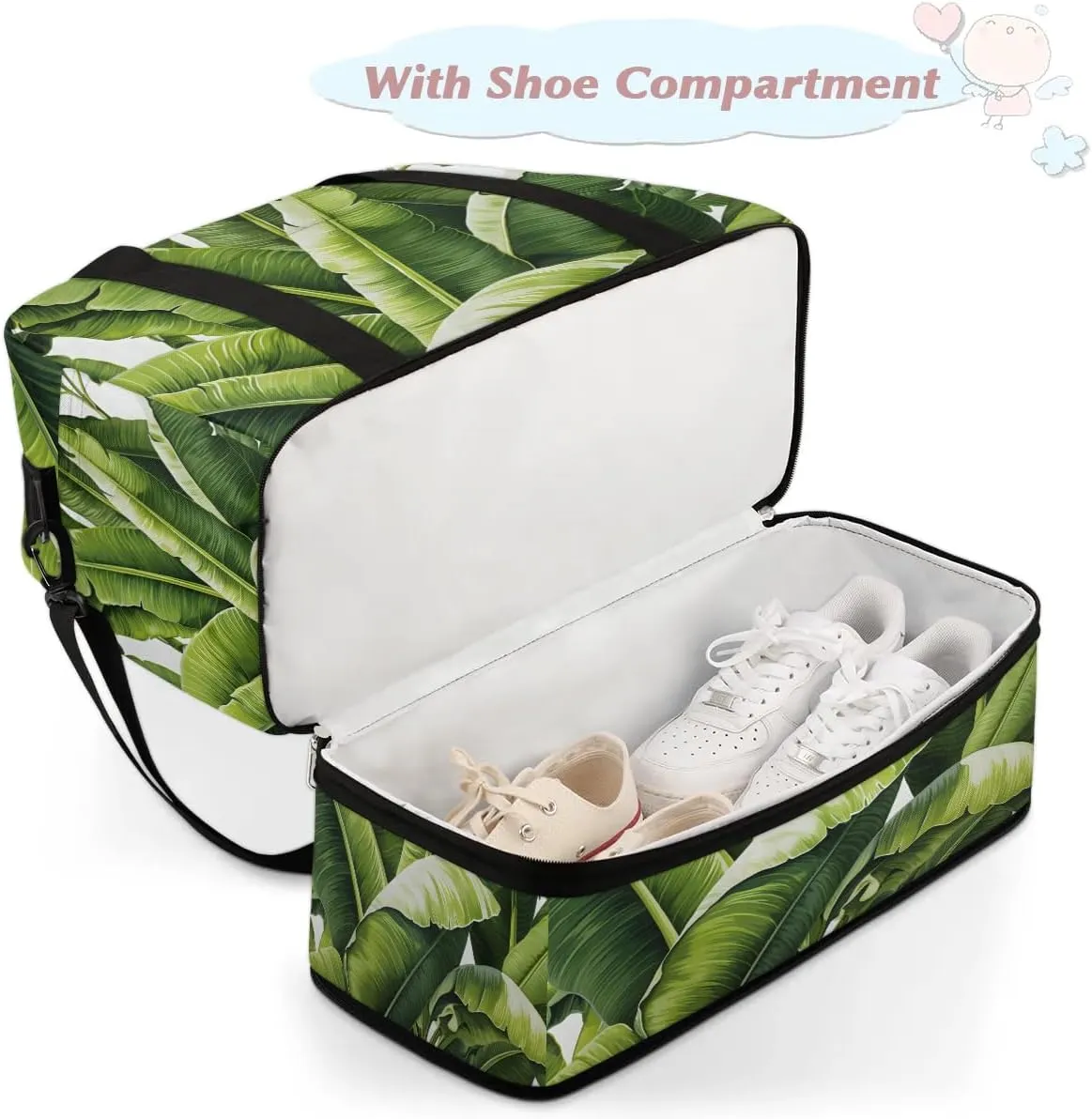 Sports Duffel Bag, Foldable Spring Summer Travel Duffel Bag, Gym Yoga Beach Bag Weekender Overnight Bag with Shoes Compartment for Men Women, Green Leaves Tropical