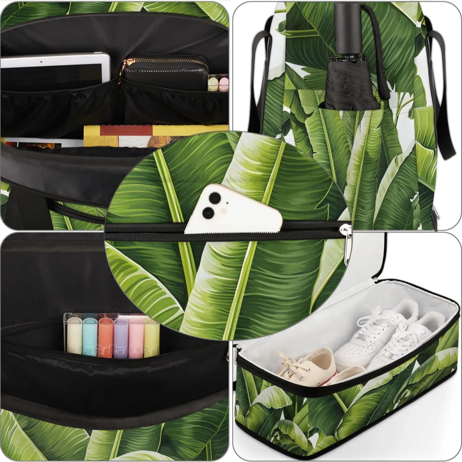 Sports Duffel Bag, Foldable Spring Summer Travel Duffel Bag, Gym Yoga Beach Bag Weekender Overnight Bag with Shoes Compartment for Men Women, Green Leaves Tropical