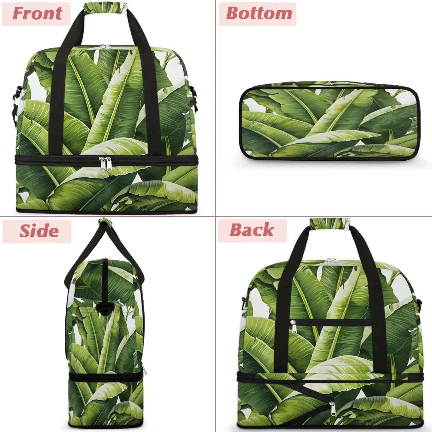 Sports Duffel Bag, Foldable Spring Summer Travel Duffel Bag, Gym Yoga Beach Bag Weekender Overnight Bag with Shoes Compartment for Men Women, Green Leaves Tropical