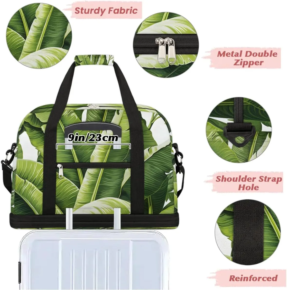 Sports Duffel Bag, Foldable Spring Summer Travel Duffel Bag, Gym Yoga Beach Bag Weekender Overnight Bag with Shoes Compartment for Men Women, Green Leaves Tropical