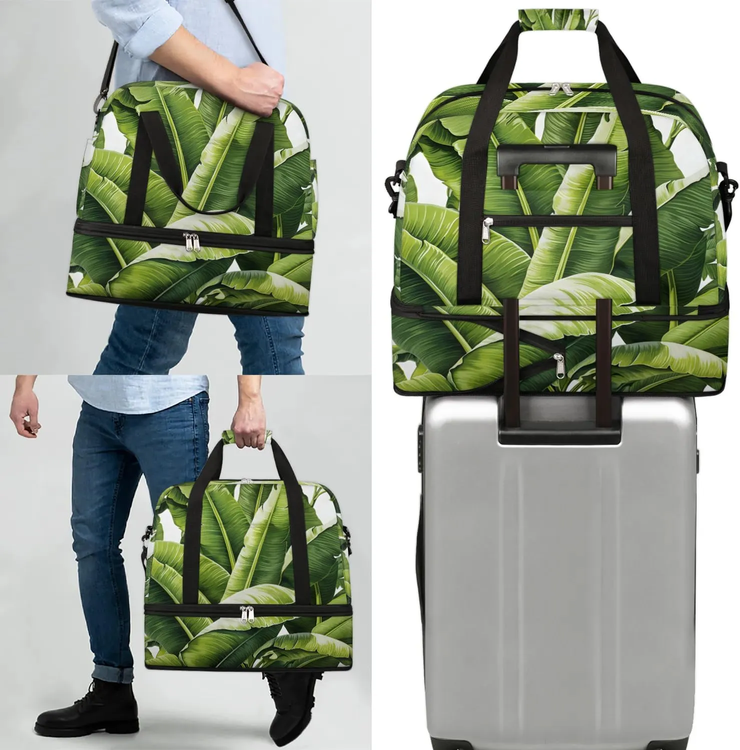 Sports Duffel Bag, Foldable Spring Summer Travel Duffel Bag, Gym Yoga Beach Bag Weekender Overnight Bag with Shoes Compartment for Men Women, Green Leaves Tropical