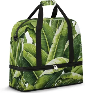 Sports Duffel Bag, Foldable Spring Summer Travel Duffel Bag, Gym Yoga Beach Bag Weekender Overnight Bag with Shoes Compartment for Men Women, Green Leaves Tropical