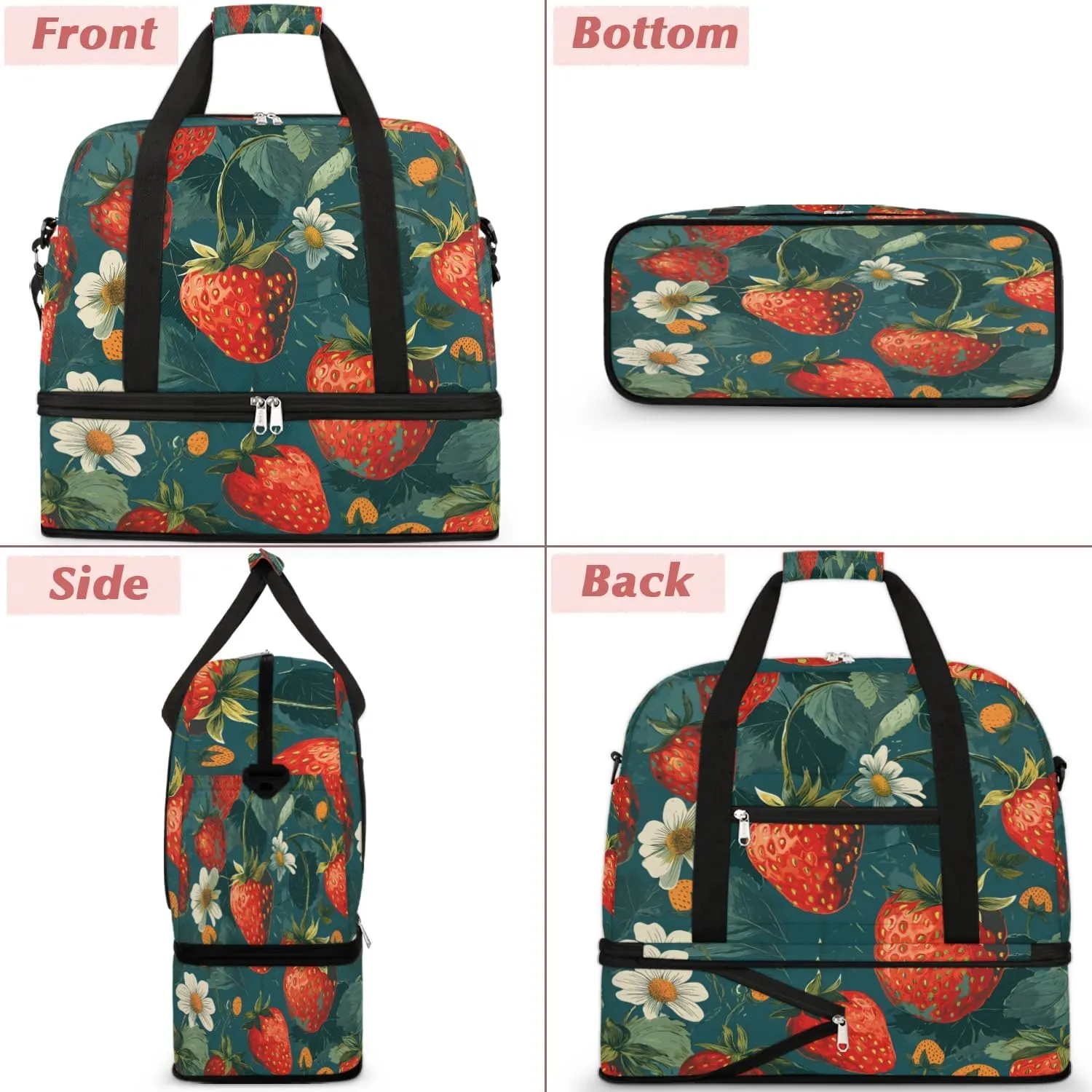 Sports Duffel Bag, Foldable Strawberry Travel Duffel Bag, Gym Yoga Beach Bag Weekender Overnight Bag with Shoes Compartment for Men Women, Cute Fruit Strawberry
