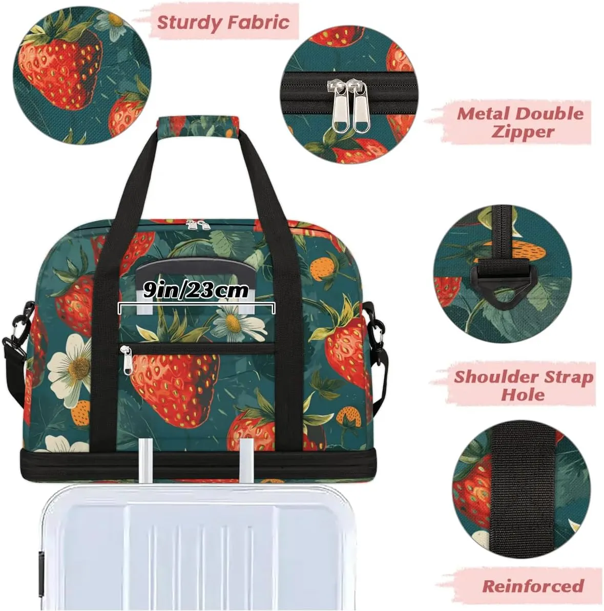 Sports Duffel Bag, Foldable Strawberry Travel Duffel Bag, Gym Yoga Beach Bag Weekender Overnight Bag with Shoes Compartment for Men Women, Cute Fruit Strawberry