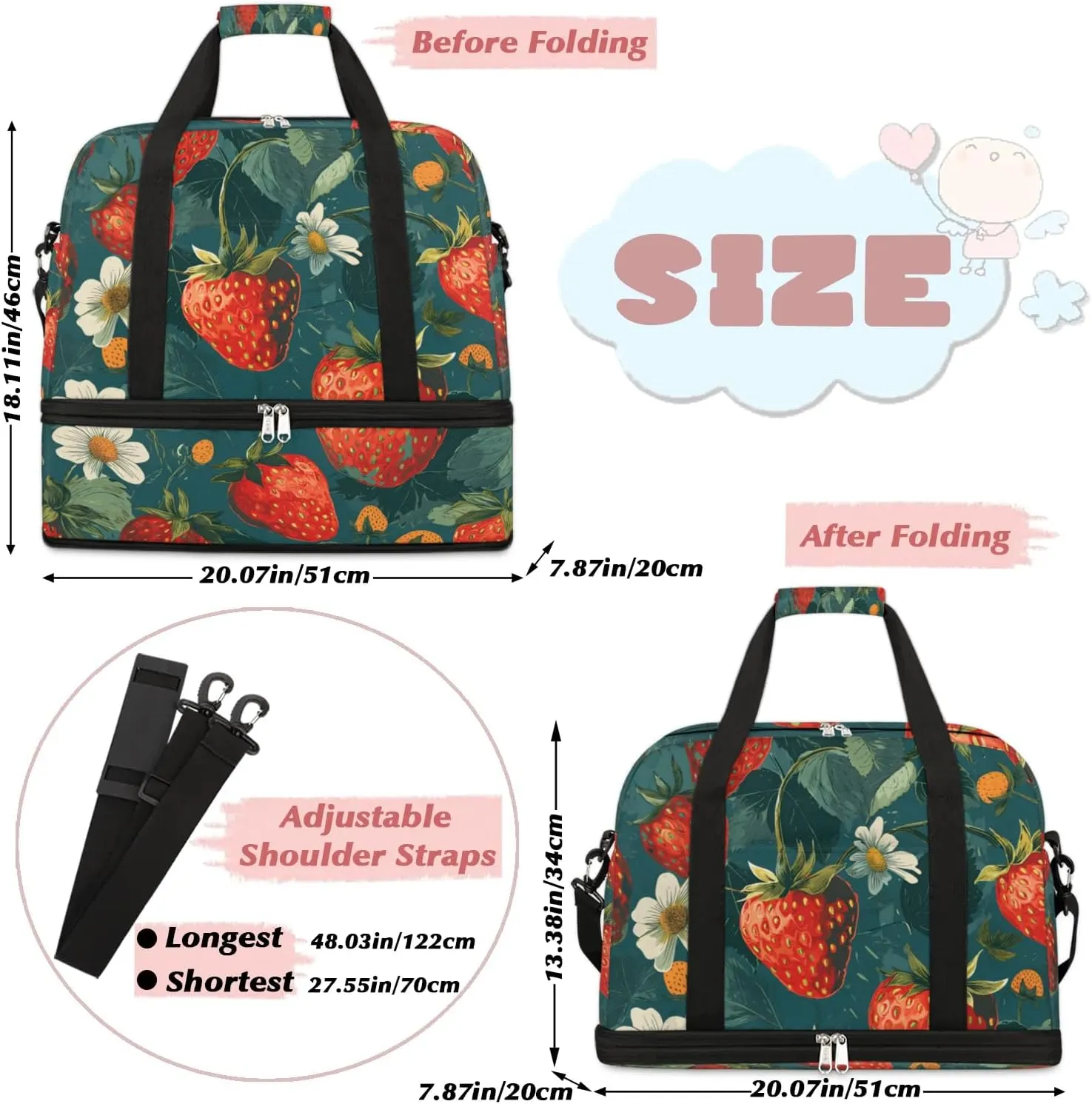 Sports Duffel Bag, Foldable Strawberry Travel Duffel Bag, Gym Yoga Beach Bag Weekender Overnight Bag with Shoes Compartment for Men Women, Cute Fruit Strawberry