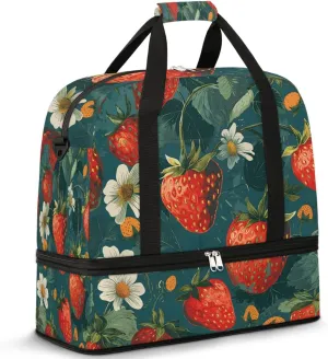 Sports Duffel Bag, Foldable Strawberry Travel Duffel Bag, Gym Yoga Beach Bag Weekender Overnight Bag with Shoes Compartment for Men Women, Cute Fruit Strawberry