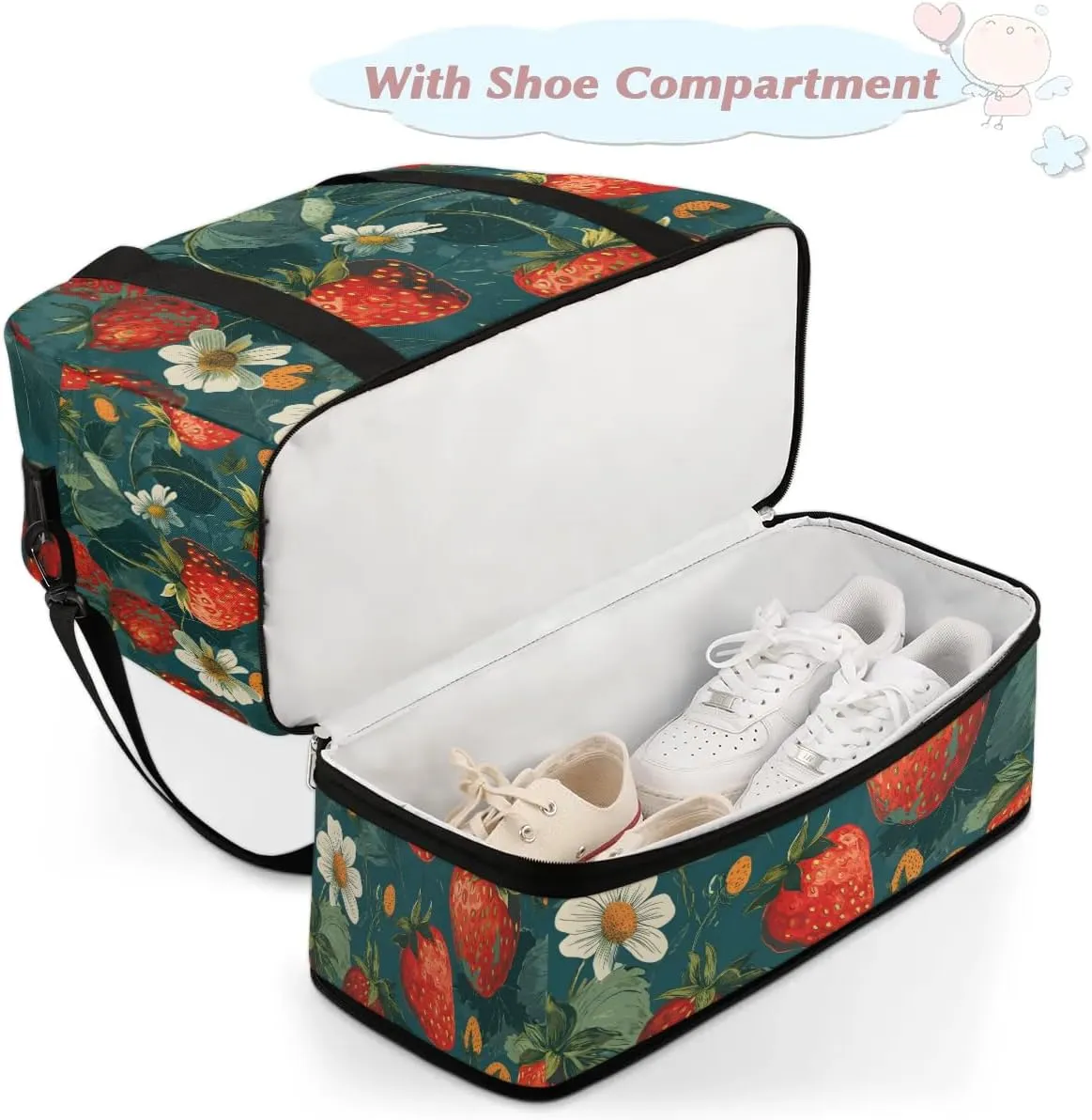 Sports Duffel Bag, Foldable Strawberry Travel Duffel Bag, Gym Yoga Beach Bag Weekender Overnight Bag with Shoes Compartment for Men Women, Cute Fruit Strawberry